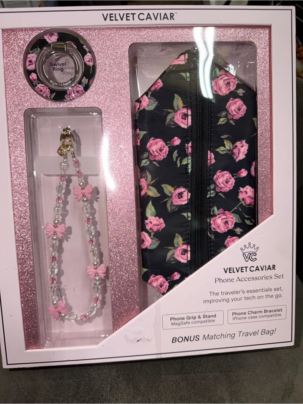 Velvet Caviar Black Case & Pink Rose Phone Accessories Set
